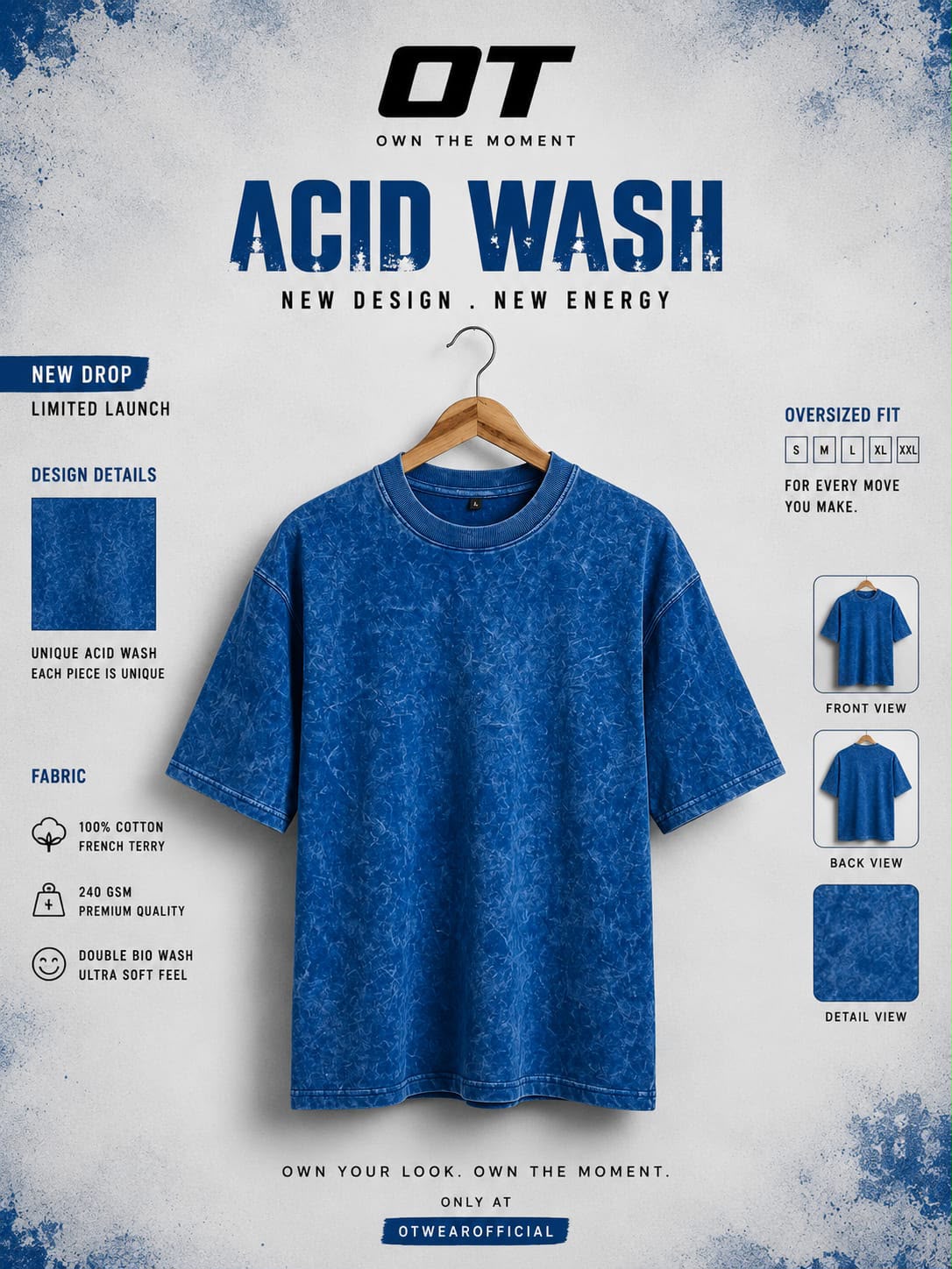 OT Premium Acid Wash T-Shirt-Blue