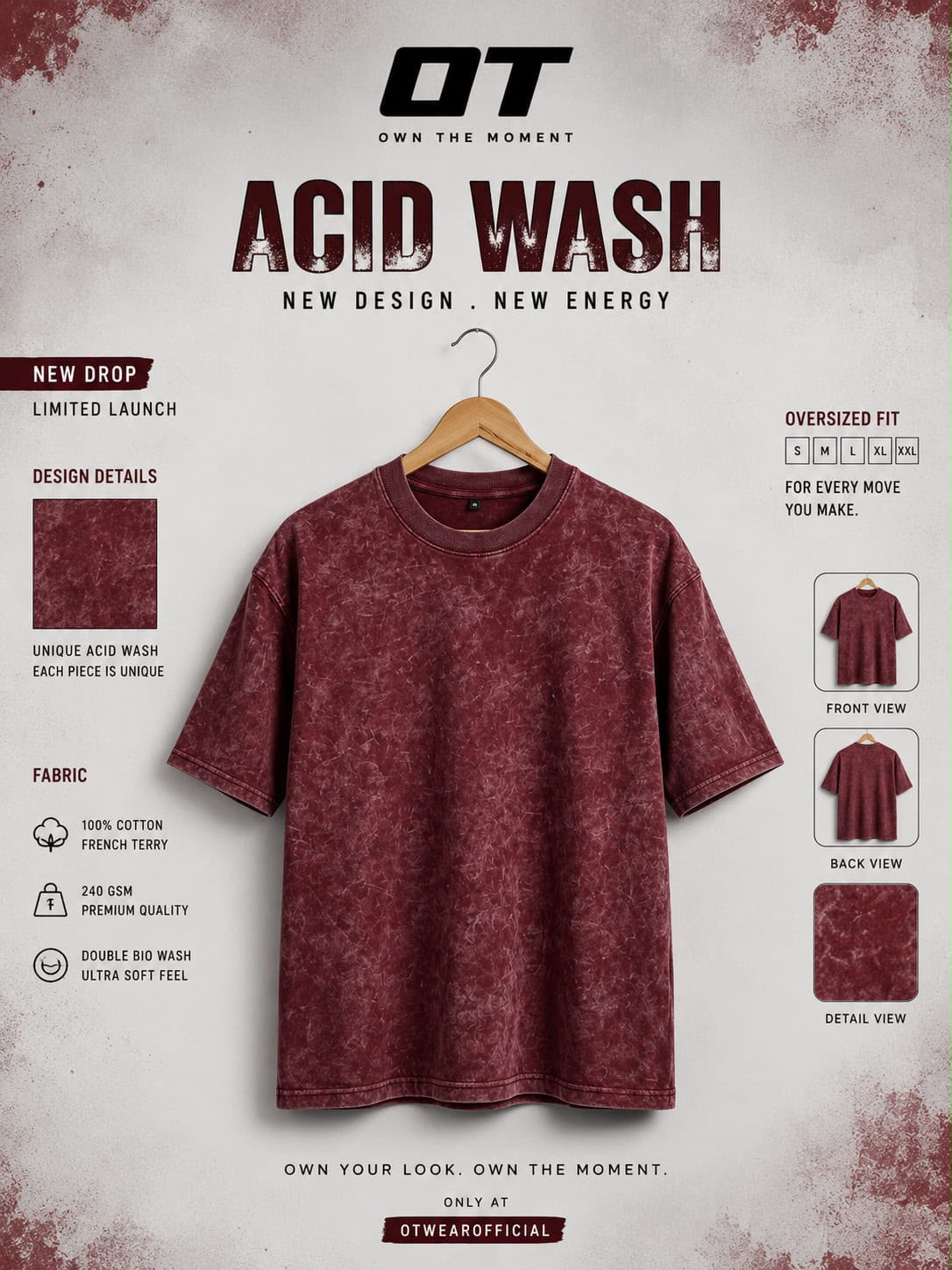OT Premium Acid Wash T-Shirt-Maroon